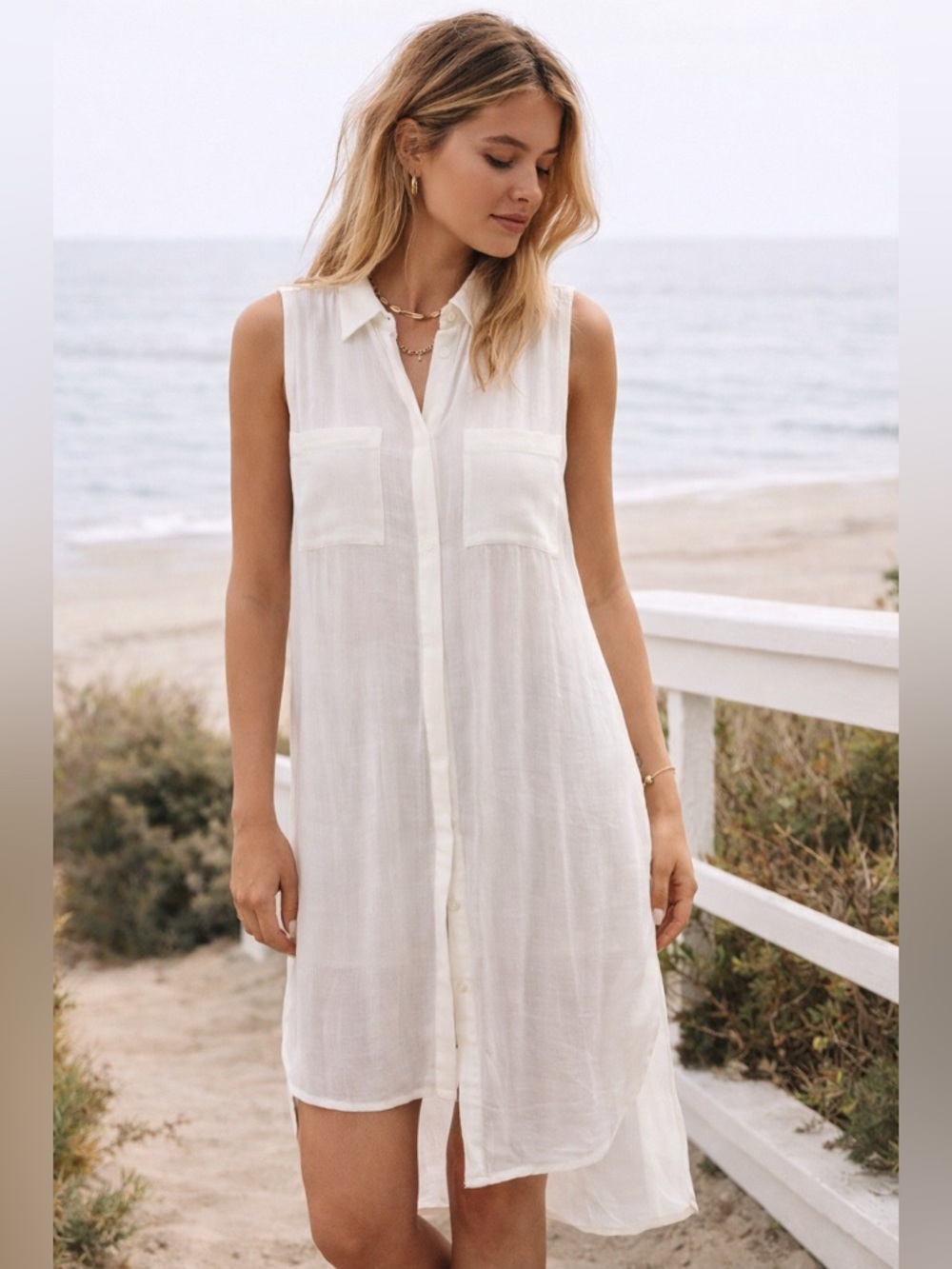 Anthropologie HD in Paris White Sleeveless Tunic Top XS Semi Sheer Button Front
